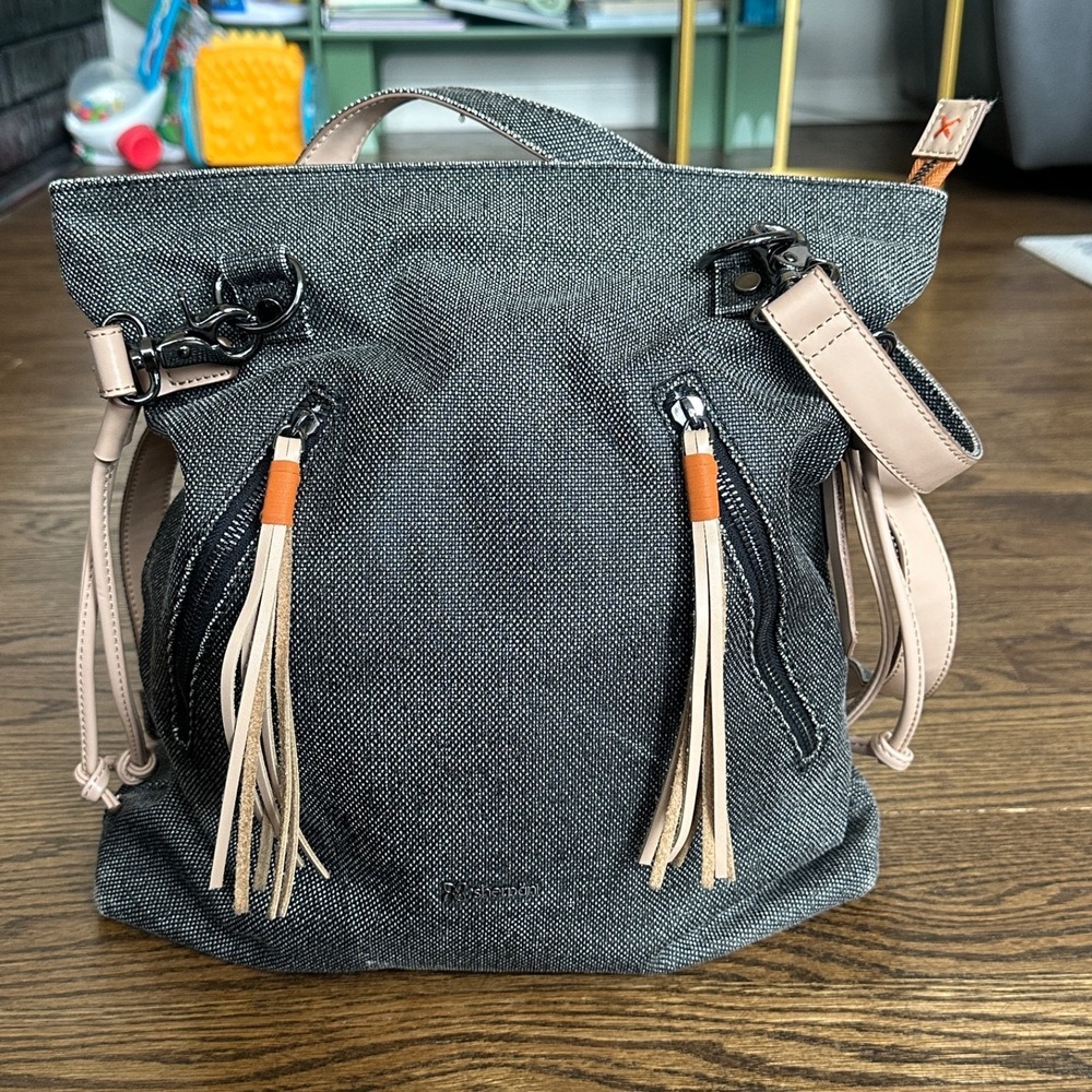 Sherpani Tempest Convertible Canvas Tote Bag Backpack Black Beige Tassels